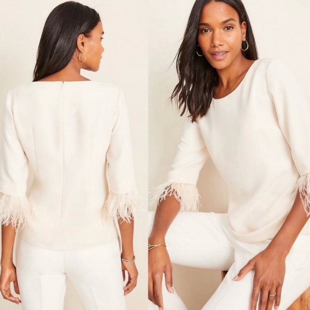 Elegant Cream Feather-Trimmed Ann Taylor Women's Top